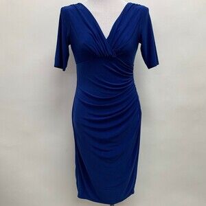 Evan Picone Women's Dress Size 4 Blue Bodycon V-Neck Faux Wrap